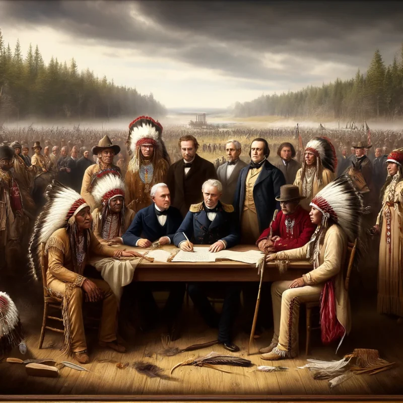 A realistic image depicting a historic event involving the Choctaw Tribe during the signing of the Treaty of Dancing Rabbit Creek in 1830.