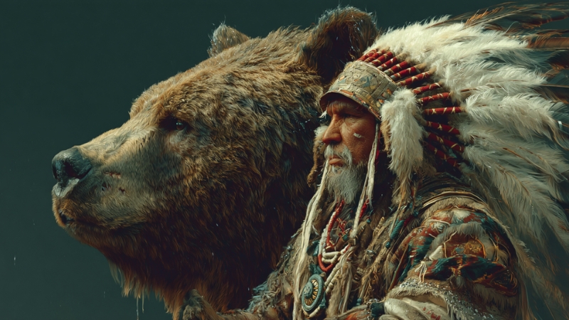 A Lakota elder in traditional regalia stands beside a bear (Mato)