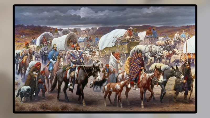 Cherokee families travel with horses and wagons during the Trail of Tear