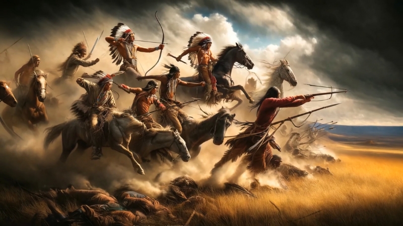 Warriors of the Cheyenne tribe charge on horseback with bows and spears during a battle on the Plains