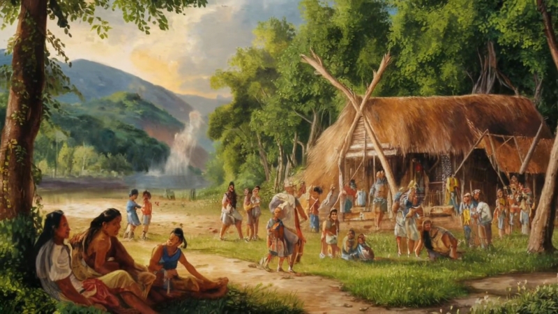 A painting shows Chickasaw families gathered near a thatched house in a forest clearing