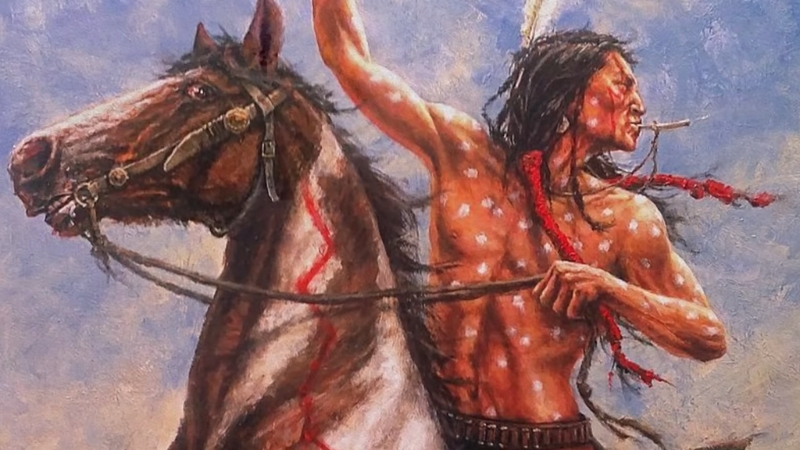 Painting of Chief Crazy Horse riding a horse in battle