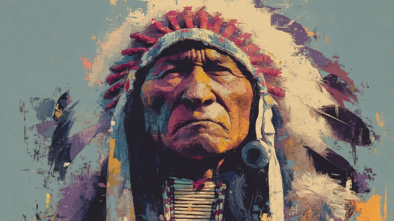 Portrait of Chief Crazy Horse in a feathered headdress
