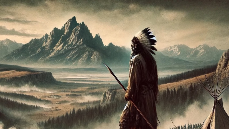 Lakota warrior with a spear overlooks mountains and plains during the Great Sioux War