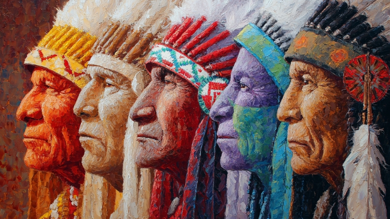 Painted portrait of Sioux people in traditional feathered headdresses