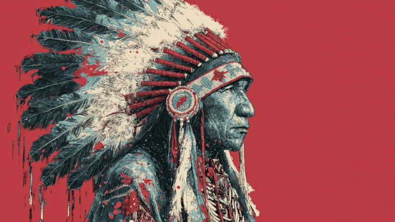 A portrait shows a Native American leader in a feathered headdress