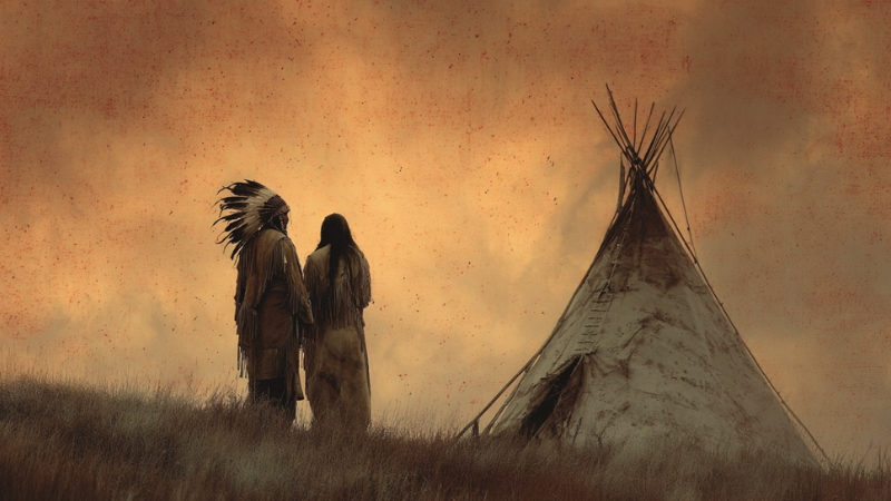Two figures in traditional clothing stand beside a tipi at sunset, symbolizing the Native American tribes of Kentucky