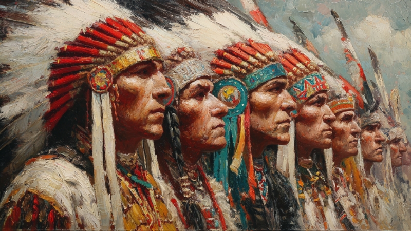 Sioux people wearing traditional feathered headdresses stand in a row