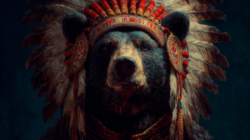 Bear (Mato) wearing a traditional Native American feather headdress