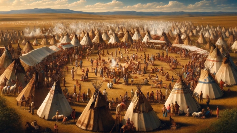 A large Cheyenne gathering with tipis arranged in a circle, showing community life on the Plains