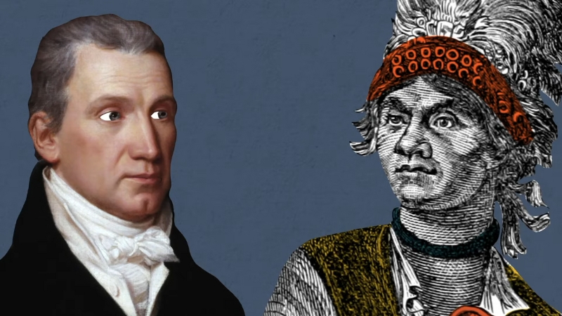 An illustration shows a U.S. leader and an Iroquois chief