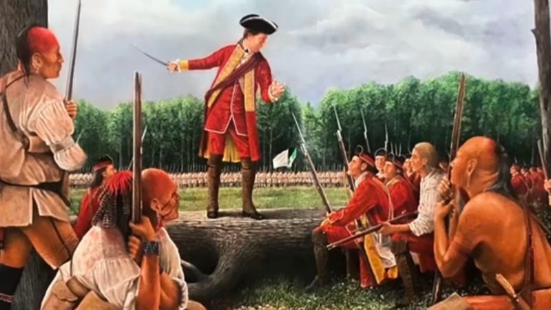 A painting shows Iroquois leaders meeting with a European officer during early contact and negotiations