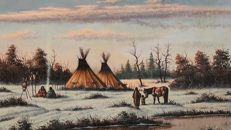 A winter scene shows two Lakota tipi lodges with people gathered by a fire and a horse nearby