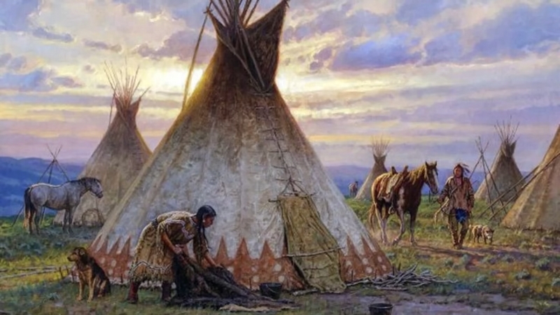 A Lakota camp shows tipis at sunrise with a woman working near one lodge, horses nearby, and daily life continuing across the plains