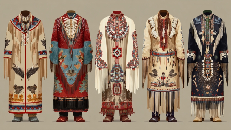 Traditional Native American clothing featuring intricate beadwork and fringe