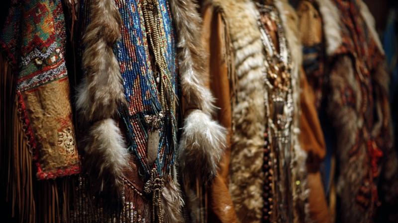 Traditional Native American clothing with fur, beads, and leather